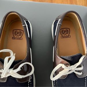 Navy blue, brown, and white.